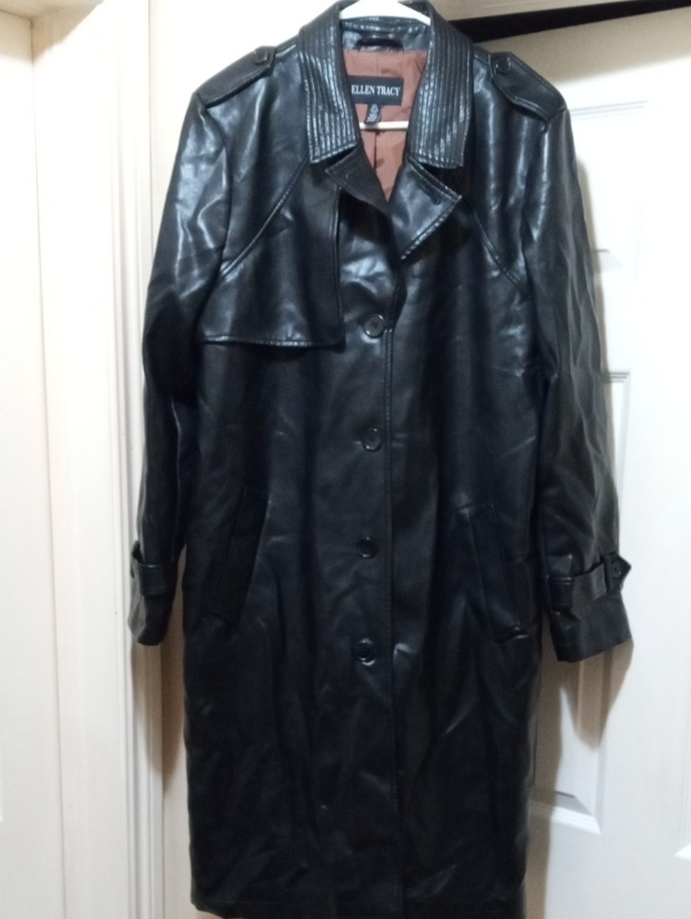 $35>>Ellen Tracy Black Faux Leather Trench Coat with Notch Collar